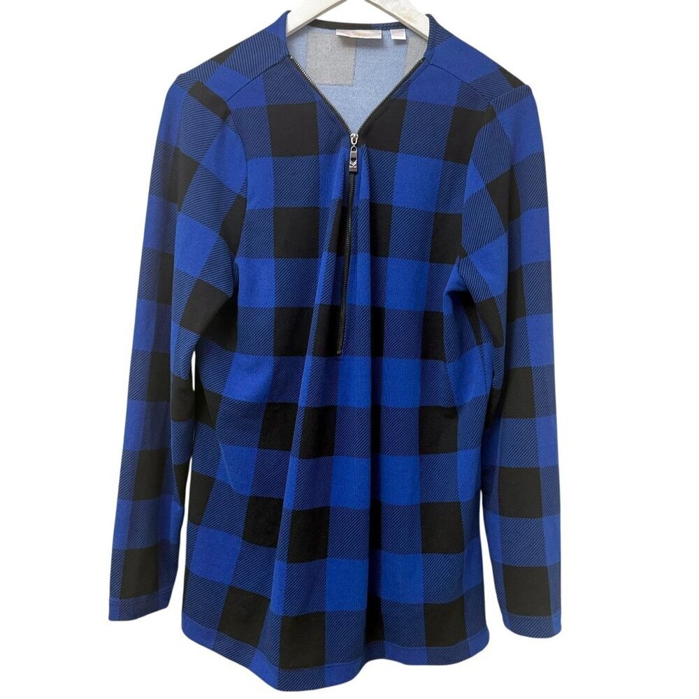 BELLE Kim Gravel Buffalo Plaid Signature Zip Top Medium Blue Black Pullover